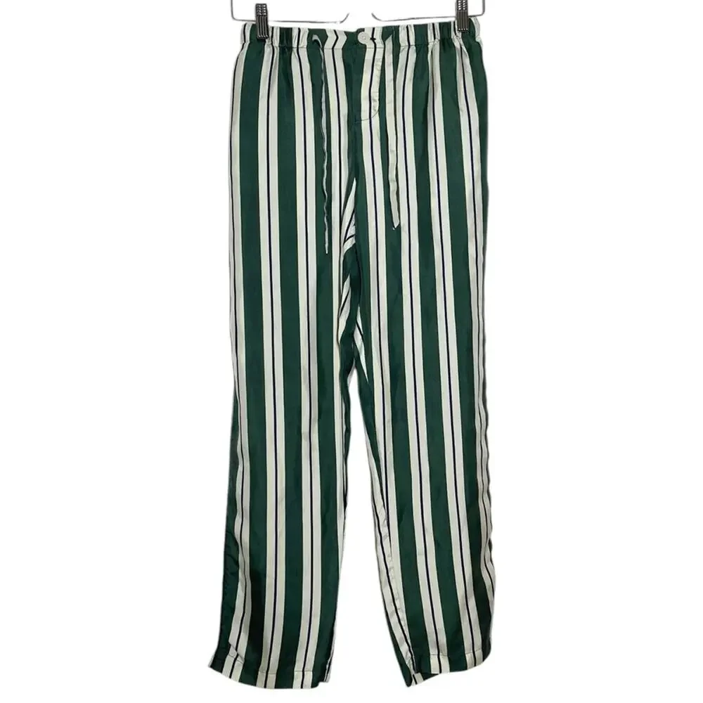 Sleepy Jones Green Cream Striped Silk Pajama Pants XS